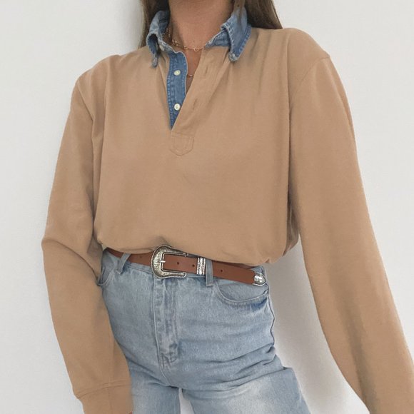 Vintage Tops - 90s Oversized Tan Long Sleeve Polo Shirt with Denim Collar